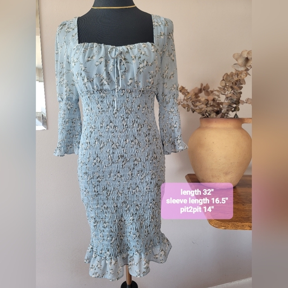 Cottagecore Light Blue Ditsy Floral Smocked Midi Dress Prairie Milkmaid Sz S - Picture 4 of 8